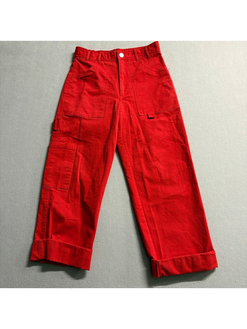 Zara Womens Red Cargo Pants Size M Utility Carpenter High Rise Wide Leg Cuffed